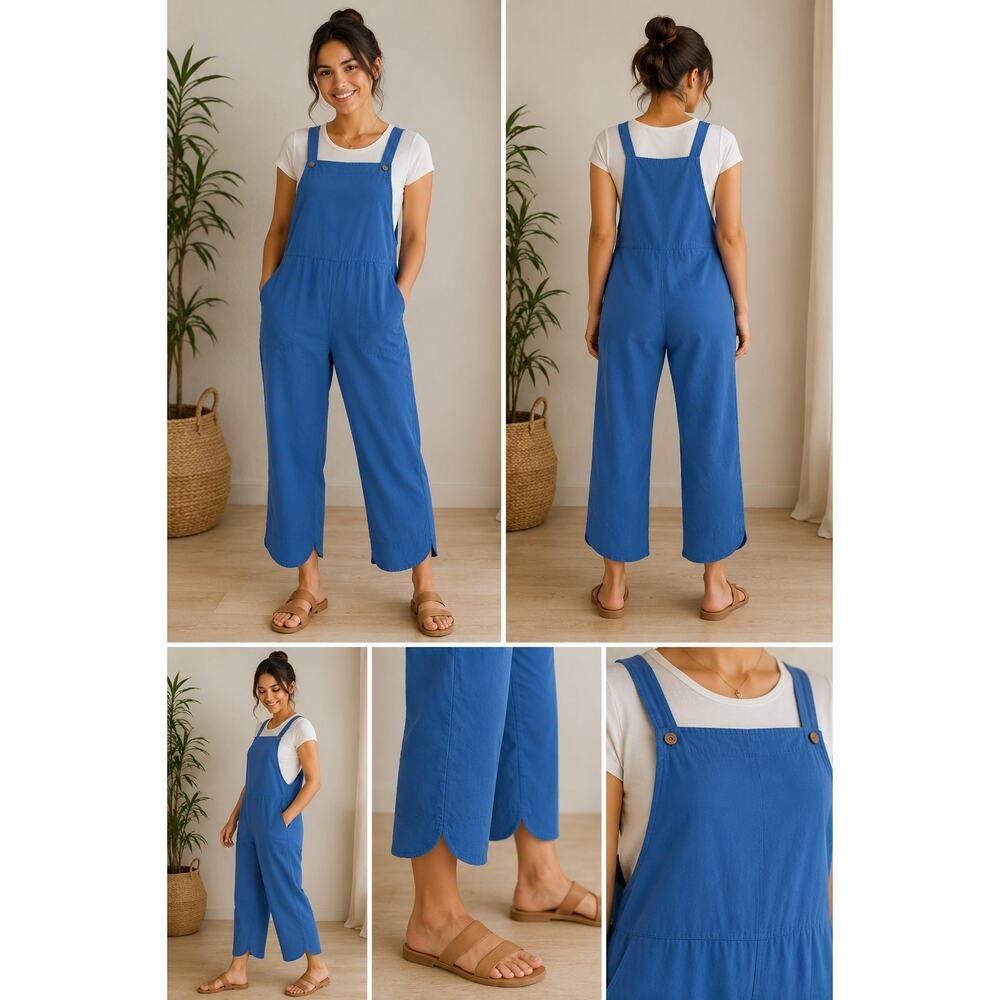 Lyaner Blue Cotton Sleeveless Wide Leg Cropped Jumpsuit Overalls Size S Pockets